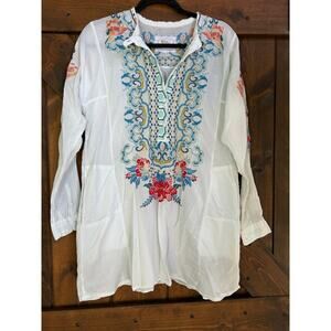 JOHNNY WAS Biya women’s large EMBROILED FLORAL WHITE BLOUSE tunic